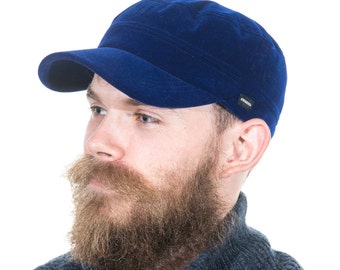 Mens Velvet Newsboy Cap Blue Velvet Military Hat by CRAGGI