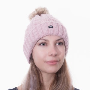 Bobble Hat Pink Cable Knit Beanie Detachable Pom Ski Hat by CRAGGI image 5