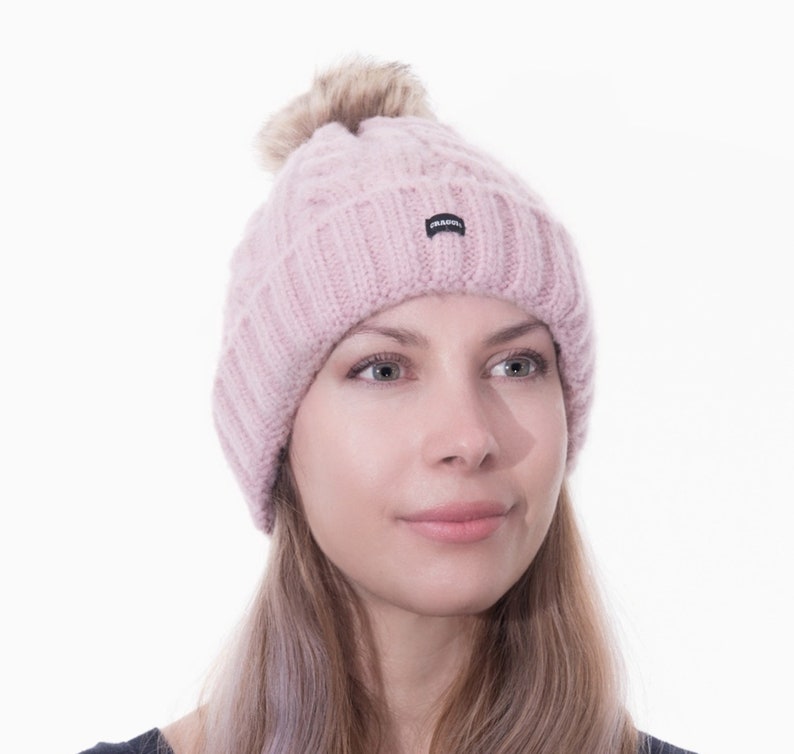 Bobble Hat Pink Cable Knit Beanie Detachable Pom Ski Hat by CRAGGI image 5