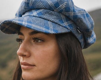 Craggi Ladies Baker Boy Hat Blue Pink Check. Womens  Newsboy Cap