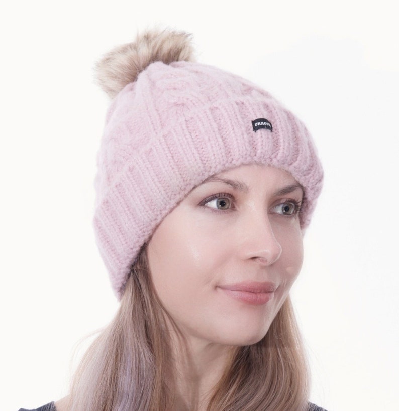 Bobble Hat Pink Cable Knit Beanie Detachable Pom Ski Hat by CRAGGI image 2