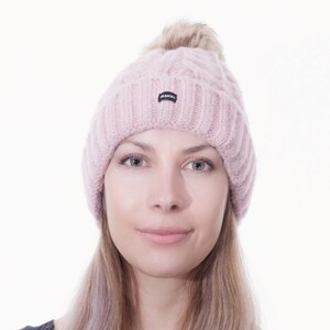 Bobble Hat Pink Cable Knit Beanie Detachable Pom Ski Hat by CRAGGI image 3