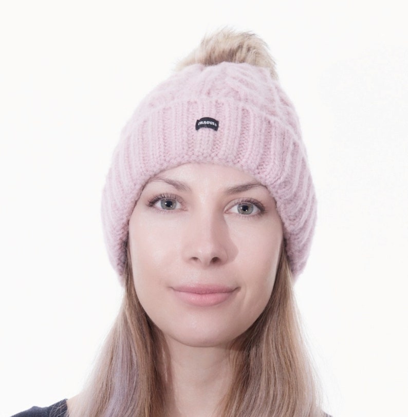 Bobble Hat Pink Cable Knit Beanie Detachable Pom Ski Hat by CRAGGI image 3