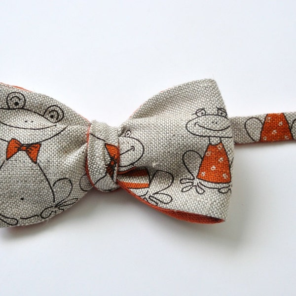 Orange Linen Bow Tie with Frogs.  Rustic Self Tie Men's Bow Tie. Men's accessories. Autumn Bow Tie. Fall Wedding