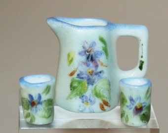 Handpainted water jug and mug- DOLL HOUSE MINIATURE ceramic - Artisan Handmade Miniature in 12th scale. From CosediunaltroMondo Italy