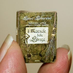 May include: A miniature book titled "Selene Silverwind" with the text "Incantesimi, sortilegi, pozioni e formule magiche" and "il Manuale della Strega" on the cover. The book is held between two fingers.