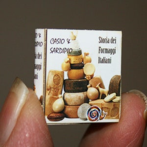 Puede incluir: Un diorama en miniatura de quesos italianos, apilados y dispuestos sobre una pequeña caja blanca. La caja tiene texto en italiano y una pequeña ilustración de un caracol.