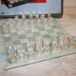 Glass Chess Game Set -chess lovers gift -Solid Glass Chess Board- Clear Frosted Glass Pieces - Board Games for Kids Adults- Gift for him