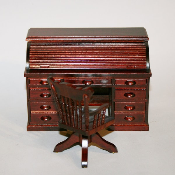 Dollhouse miniatures " Roll top writig desk and chair " Artisan Handmade Miniature in 12th scale. From CosediunaltroMondo
