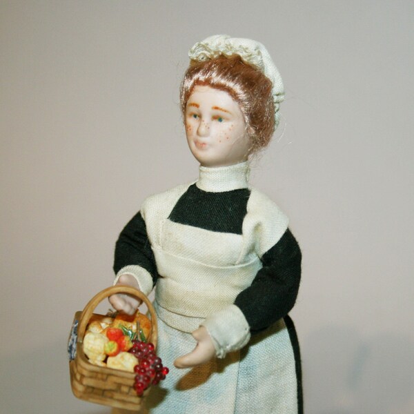 Town Square Miniatures 1:12 Scale Porcelain Victorian Maid Doll With Green Striped Dress G7619