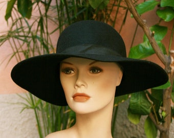 Gran sombrero de fieltro negro, moda de los años 80, sombrero de lana, sombrero de fieltro, sombrero vintage, sombrero de mujer, sombrero con ala