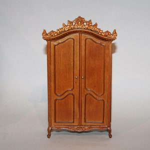 DOLLHOUSE MINIATURES &quot; Walnut armoire, intricately carved top &quot; Artisan Handmade Miniature in 12th scale. From CosediunaltroMondo Italy