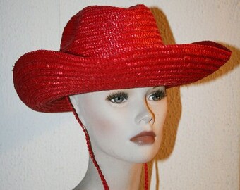 Cappello da sole in paglia naturale rossa tinta unita, stile cowboy - parte superiore piatta a tesa larga - beach-boho-country western cowgirl festival-rancher rodeo -fatto in Italia