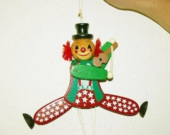 SEVI marioneta de madera pintada a mano /payaso de circo saltador/ Arte popular /Figura coleccionable/ Hecho en Italia /Regalo de Navidad/ regalo infantil