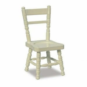 May include: A white wooden chair with a simple design. The chair has a straight back with a single horizontal slat and four turned legs.