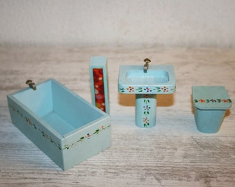Vintage Dollhouse Wooden BathRoom Set Miniatures Bodo Hennig German / BATHROOM Suite /Bath, Sink Unit, Toilet/ dollhouse MINIATURE gift