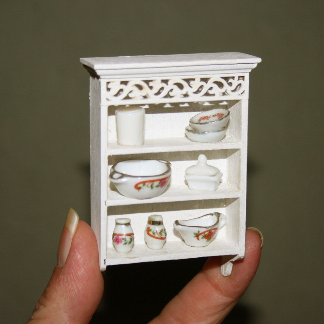 White Wooden Wall Shelf With Ceramic - DOLL HOUSE MINIATURE Furnitures ...