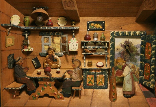 RARE! German Shadow Box / 3D Wooden DIORAMA BOX - Kitchen Scene