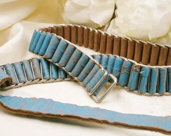 RARE!!! Stone WASHED leather BELT /Turquoise color/ Vintage 80s/  fashion belt / The hip belt/ Metal boho belt / gift for her / Unisex