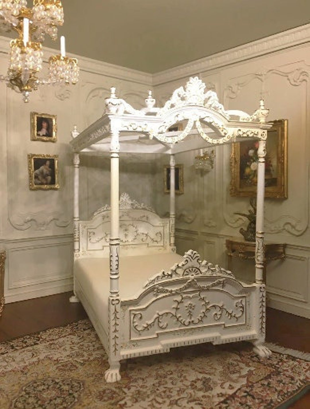 Canopy Bed Miniature Bedroom Furniture Dolls House Mahogany Double