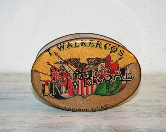 universal tobacco English Tobacco Tin Box - T Walker Cos Universal - Louisville, KY - Walker  Cut Plug Tobacco Oval Tin Container