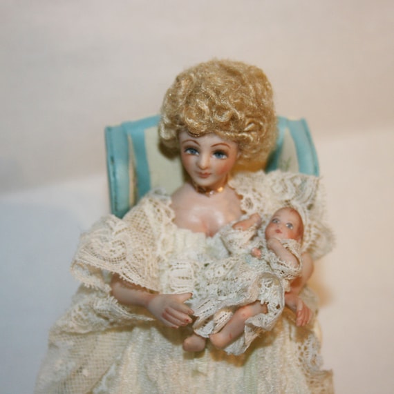 Beautiful Ceramic Doll With Baby Dollhouse Miniatures Artisan