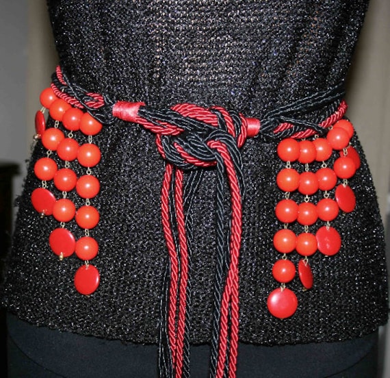 WOWEN SILK Cords Red Black BELT With Pendants /vintage 80s  display picture 2