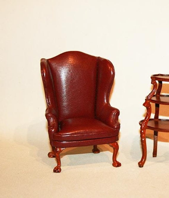Melody Jane Dollhouse Miniature - 1:12 Scale Red Leather Wingback Chair & Footrest
