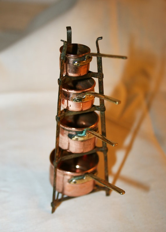 1:12 Scale Artist Handcrafted Dollhouse Miniature Copper POTS W//BLACK STAND