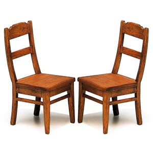 May include: Two wooden chairs with a simple design, featuring a slightly curved back and four legs. The chairs are made of dark brown wood and have a natural finish.