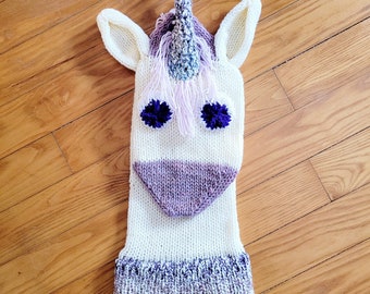 Topsy-turvy, Knitted Unicorn Stocking... Unique Design for Christmas or Everyday as a Pajama Bag