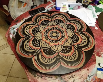 Lazy Susan Turntable Hand Painted Mandala Sacred Flower Of Life Crackled Top With India Geometry Design