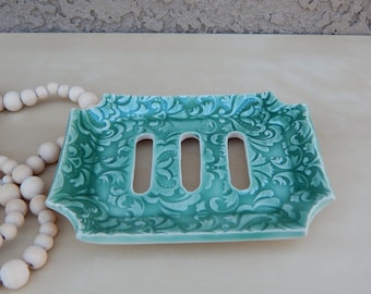 Handmade Ceramic Soap Dish: Self Draining Pottery, Jade Green