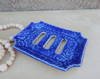 Handmade Ceramic Soap Dish: Self Draining Pottery, Blue