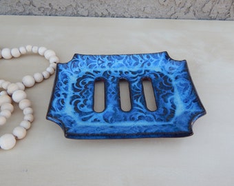 Handmade Ceramic Soap Dish: Self Draining Pottery, Blue Floral Design