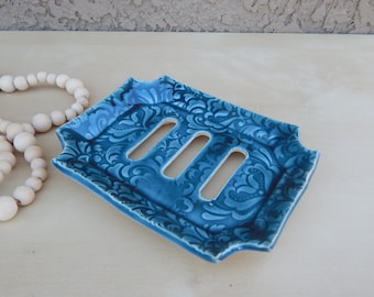 Handmade Teal Ceramic Soap Dish - Self Draining Pottery