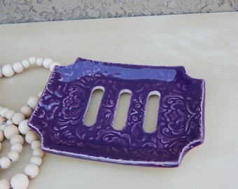 Handmade Purple Ceramic Soap Dish - Self Draining Pottery