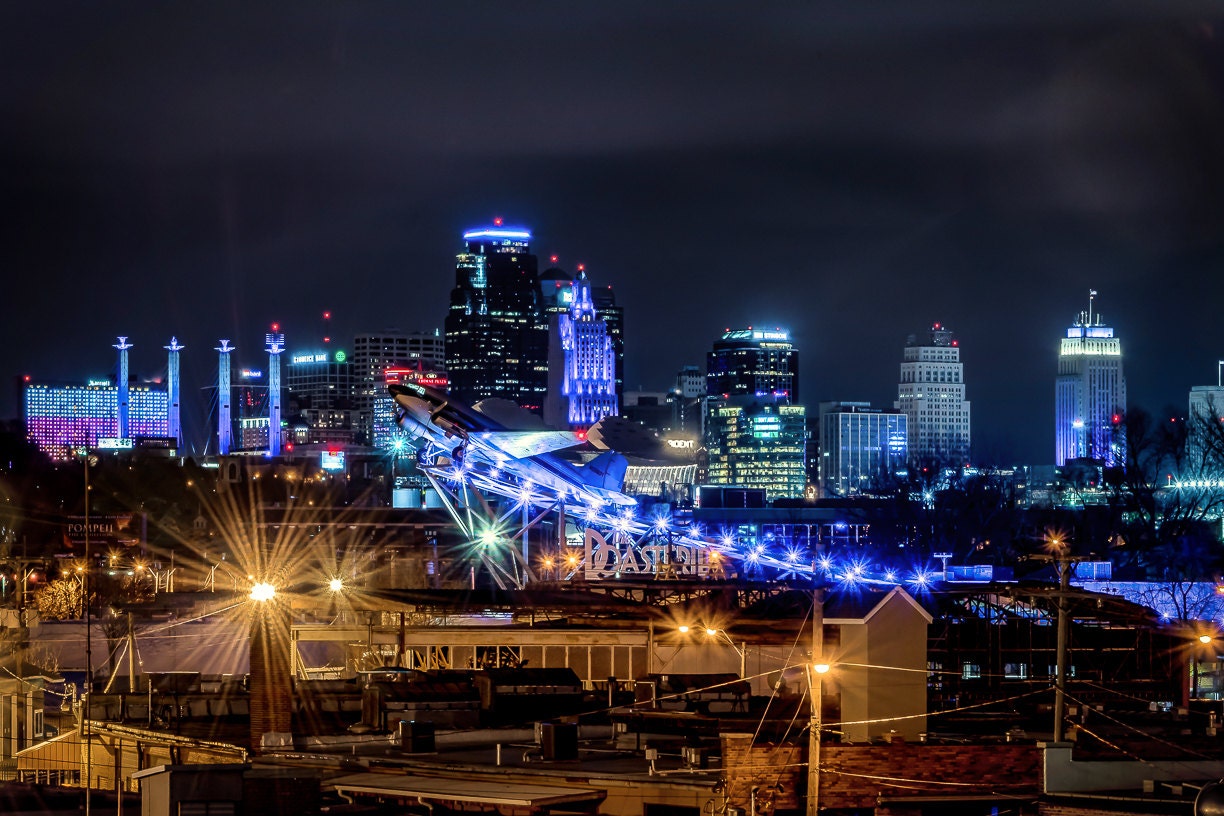 Kansas City Skyline at Night, Roasterie Coffee Airplane, Fine Art Photography by Pitts