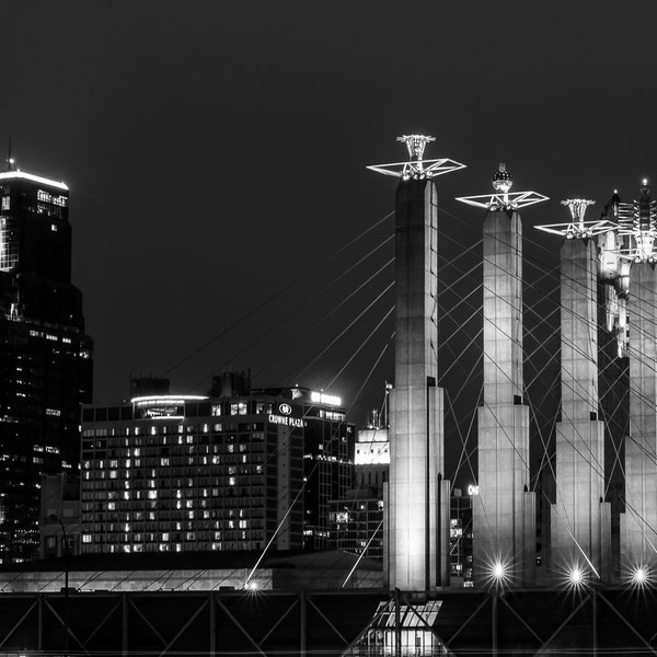 Kansas City Skyline at Night, Bartle Hall, Blac and White,  Fine Art Photography by Pitts Photography