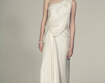 Grecian Wedding Dress made from Silk Jersey and Beaded French Lace
