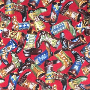 Retired 1 Yard Quilt Fabric, Vintage BOOTS Western Cowboy, Timeless Treasures Oop Yardage, Red Blue Tan