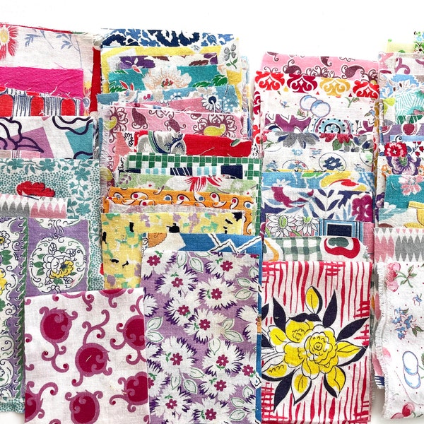 Vintage Feedsack Fabric Scrap Grab Bag 25 Pieces Flowers Geometric 1930's 1940's Quilting Crafts Junk Journals Slow Stitching