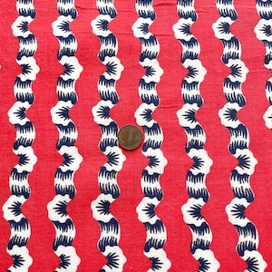 Novelty Vintage Feedsack Fabric, Bright Red Navy White Ribbons Flowers, 1930&#39;s 1940&#39;s Fat Quarter, Quilting Crafts, Feed Sack