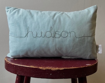 Linen Personalised Child’s Name Cushion in Dusty Blue