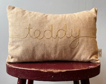 Linen Personalised Child’s Name Cushion in mustard