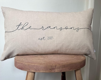 Personalised Hand Embroidered Family Name Cushion Cover with extra line
