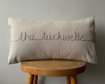 Personalised Hand Embroidered Family Name Cushion Cover in “flax” linen
