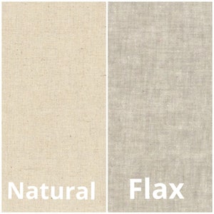 May include: Two fabric swatches, one natural white and one light gray, with the words "Natural" and "Flax" printed below each.