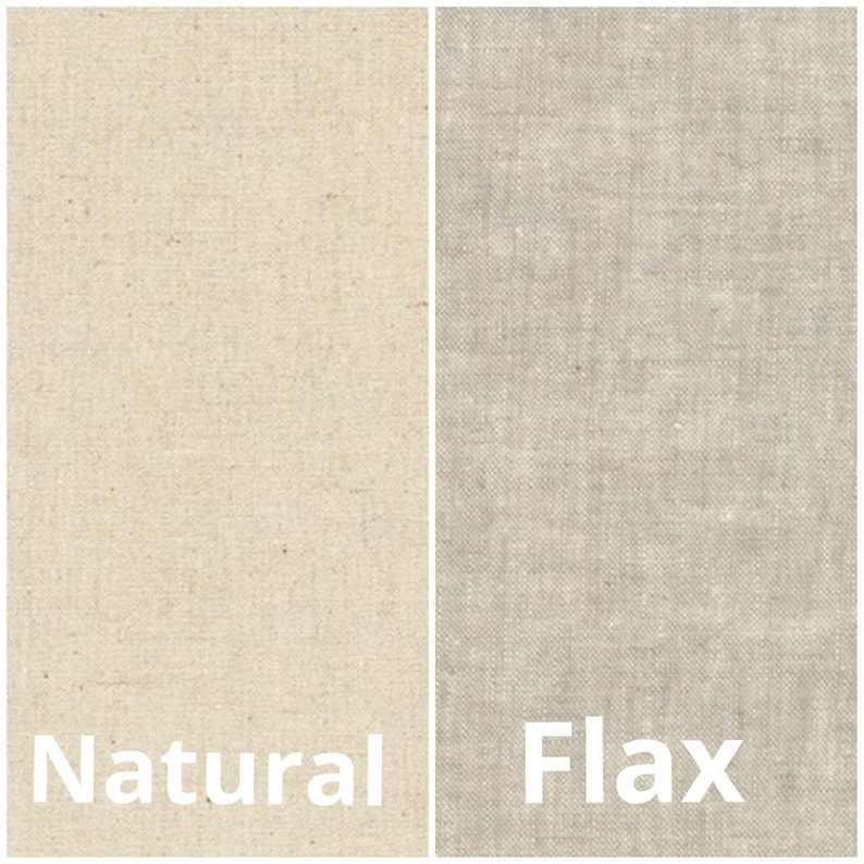May include: Two fabric swatches, one natural white and one light gray, with the words "Natural" and "Flax" printed below each.