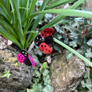 Metal Ladybugs colorful bugs , planter stake, wiggle jiggle in breeze